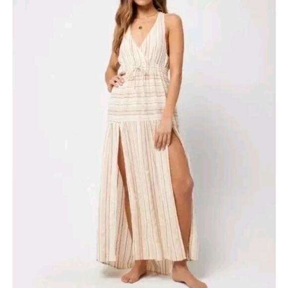 L* Space Emma Swim cover up women's maxi dress beige stripes Size XL resort wear - Picture 1 of 8